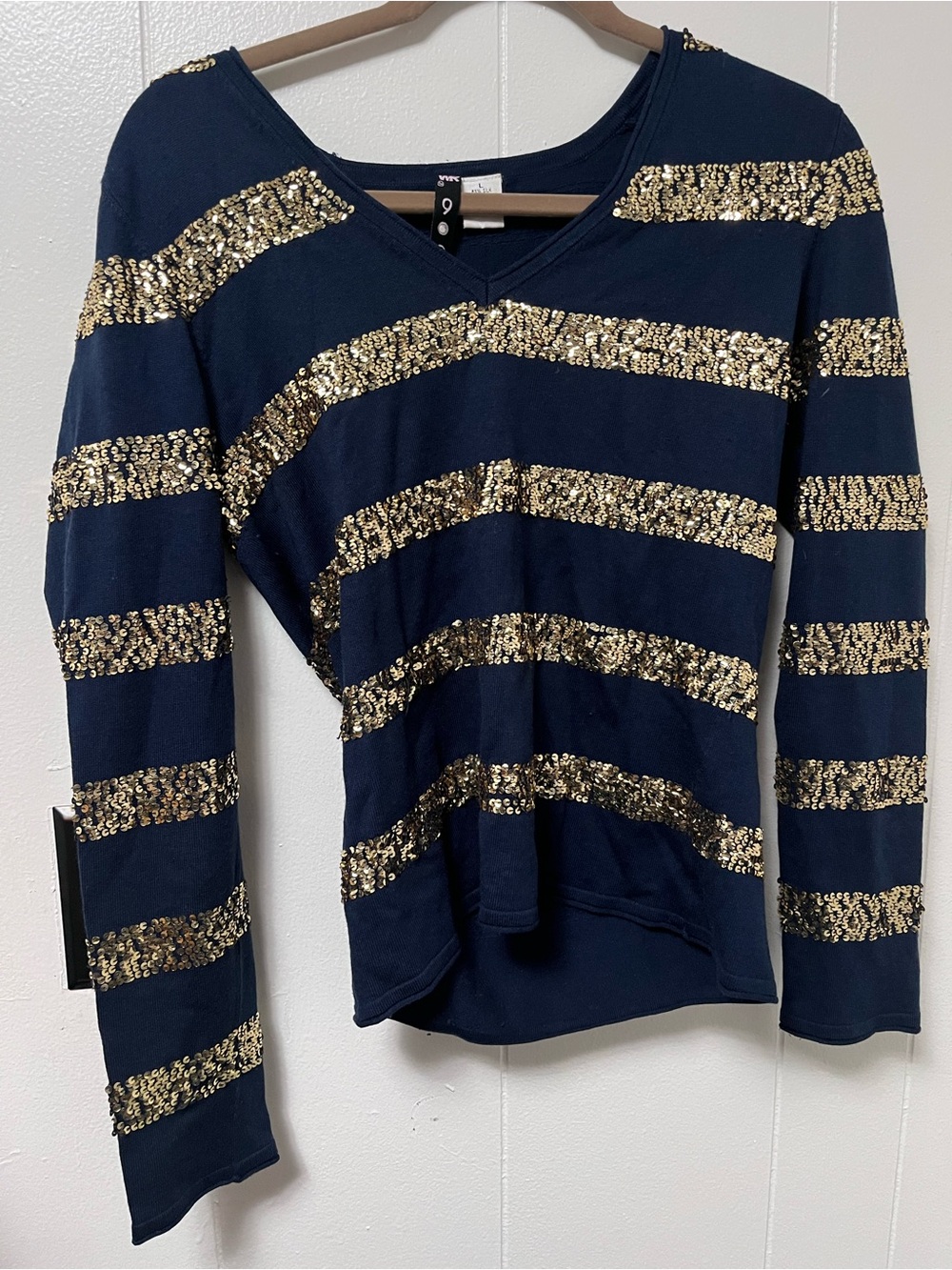 Navy V-Neck Sweater with Gold Sequin Stripes